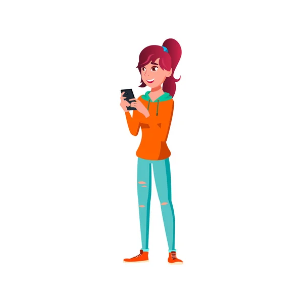 Divertente ragazza fare ordine cibo online sul vettore cartone animato cellulare — Vettoriale Stock