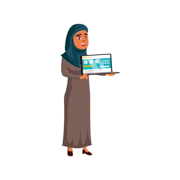Islam femme présentant site web sur ordinateur portable moniteur dessin animé vecteur — Image vectorielle