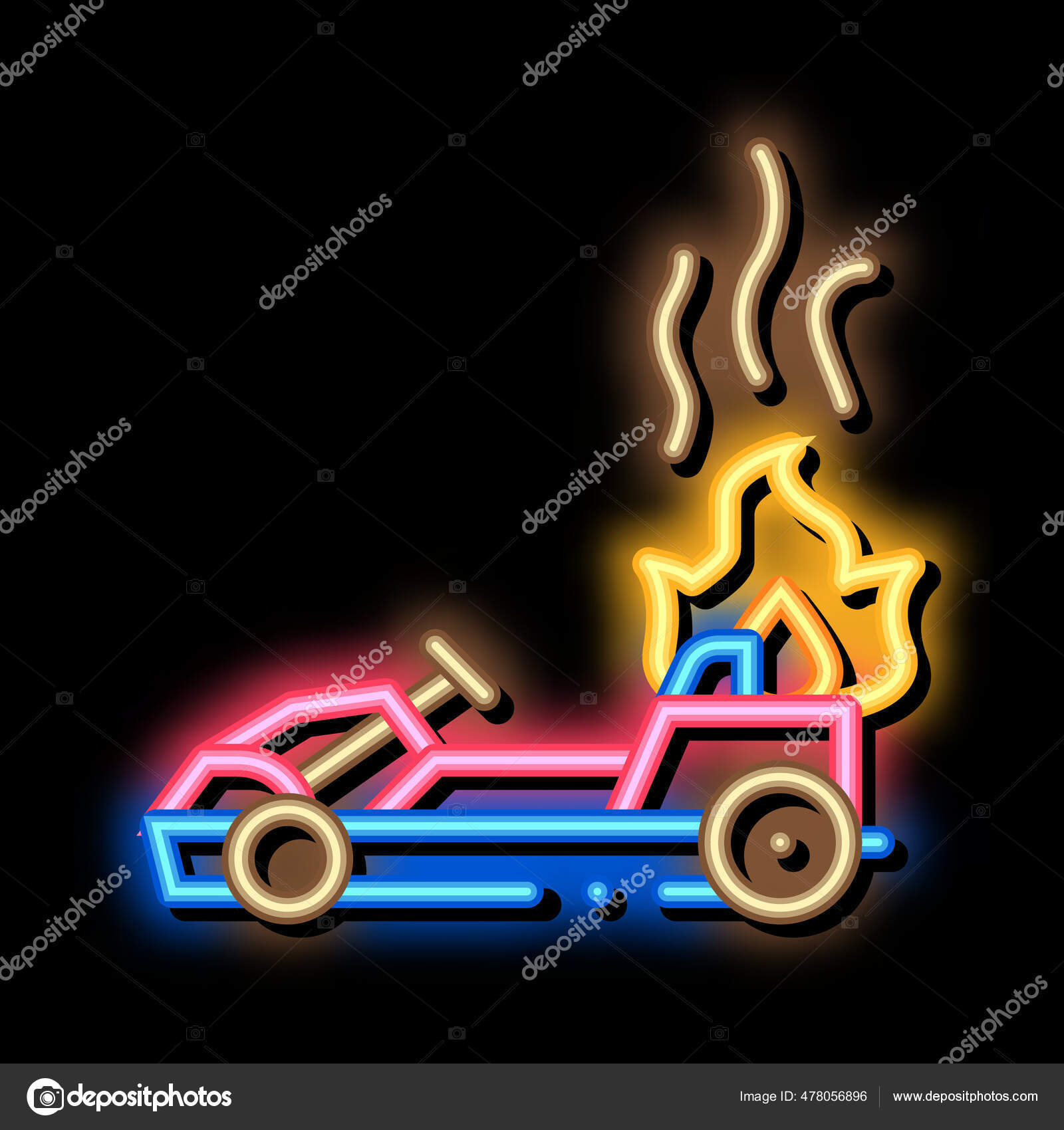 Burning Kart Fire Accident Neon Light Sign Vector Glowing Bright Stock