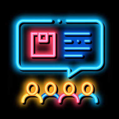 İnsanlar şirket ürünleri neon ışığı vektörünü tartışıyor. Parlak ikon insanlar şirket ürünleri tabelasını tartışıyor. şeffaf sembol çizimi