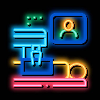 Hasta çevrimiçi sağlık muayenesi neon ışığı vektörü. Parlak ikon hastası online sağlık muayenesi işareti. şeffaf sembol çizimi