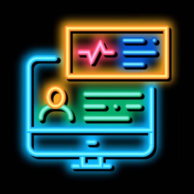 Kardiyo analizi internet tanısı neon ışığı vektörü. Parlak ikon kardiyo analizi internet teşhisi işareti. şeffaf sembol çizimi