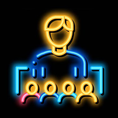 Ekip halinde çalışmak ya da yönetici neon ışığı vektörünün liderliğinde çalışmak. Ekip halinde çalışan parlak bir ikon ya da yönetici işareti liderliği. şeffaf sembol çizimi