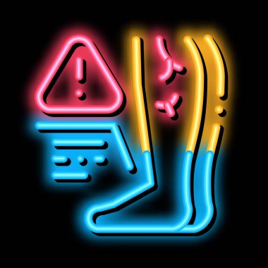 Atheroskleroz 'a bağlı soğuk ayaklar, sağlık problemi neon ışığı vektörü. Parlak bir ikon, atheroskleroz kaynaklı soğuk ayaklar, sağlık sorunu işareti. şeffaf sembol çizimi
