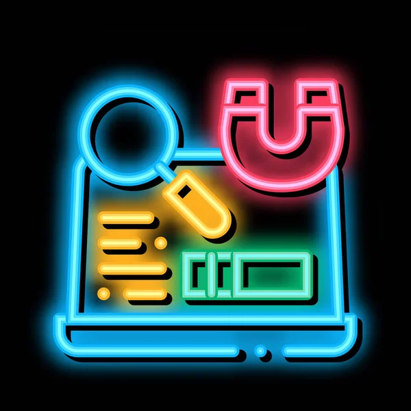 Pesquisando Auditoria Laptop Neon Light Sign Vector Ícone Brilhante Brilhante —  Vetores de Stock