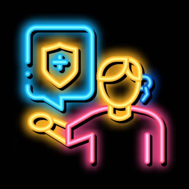Sağlık sigortası neon ışığı taşıyıcısı olan bir insan. Sağlık sigortası tabelası olan parlak bir ikon insan. şeffaf sembol çizimi
