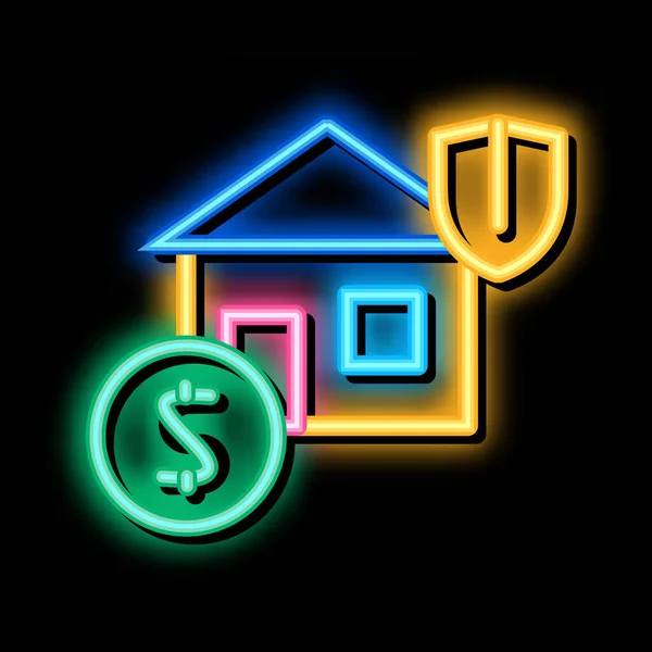 住宅保護保険ネオンサインベクトル 明るいアイコンの家の保護保険の記号を光る 透明シンボルイラスト — ストックベクタ
