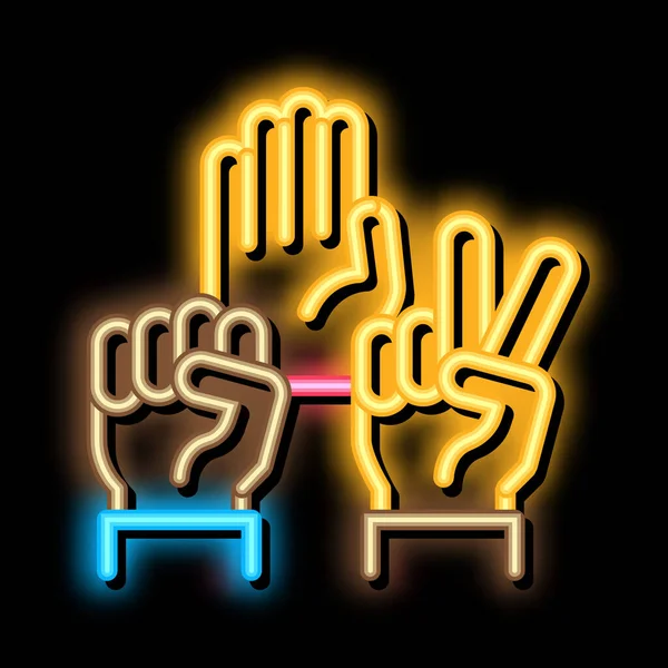 Human Hands Race Gestures Neon Light Sign Vector Glowing Bright — Stock Vector