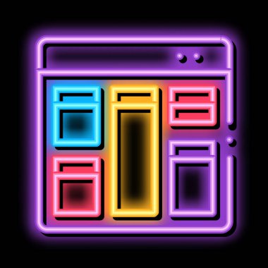 Web sitesi düzeni neon ışık işareti vektörü. Parlak simge web sitesi yerleşim işareti. şeffaf sembol çizimi