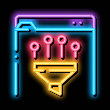 Veri neon ışık işareti vektörü filtreleniyor. Parlayan parlak simge veri filtreleme işareti. şeffaf sembol çizimi