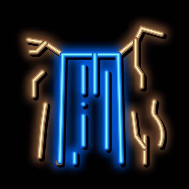 Şelale suyu dağ neon ışığı vektöründen düşüyor. Dağ tabelasından düşen parlak ikon şelalesi suyu. şeffaf sembol çizimi