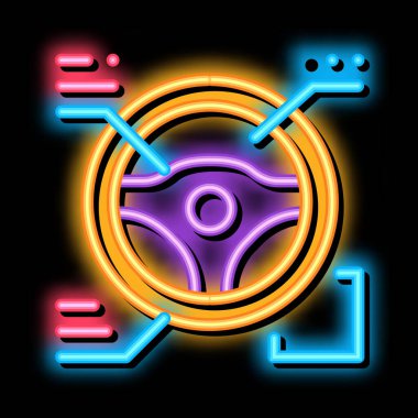 Sürücü tekerleği karakteristiği neon ışık işareti vektörü. Parlak ikon çekişli tekerlek özellikleri işareti. şeffaf sembol çizimi