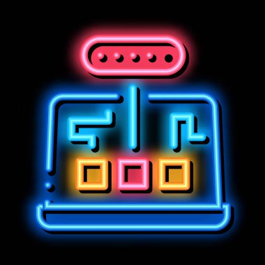Bilgisayar programı, araştırma neon ışık işareti vektörünü karıştırıyor. Parlak simge bilgisayar programı hata araştırma işareti. şeffaf sembol çizimi
