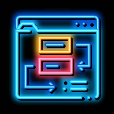 Web sitesi çalışma süreci neon ışığı vektörünü aşıyor. Parlayan parlak simge web sitesi çalışma süreci adımları işareti. şeffaf sembol çizimi