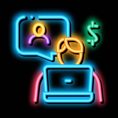 Yönetici, müşteri neon ışığı vektörü ile iletişim kurar. Parlak simge yöneticisi müşteri tabelasıyla iletişim kuruyor. şeffaf sembol çizimi