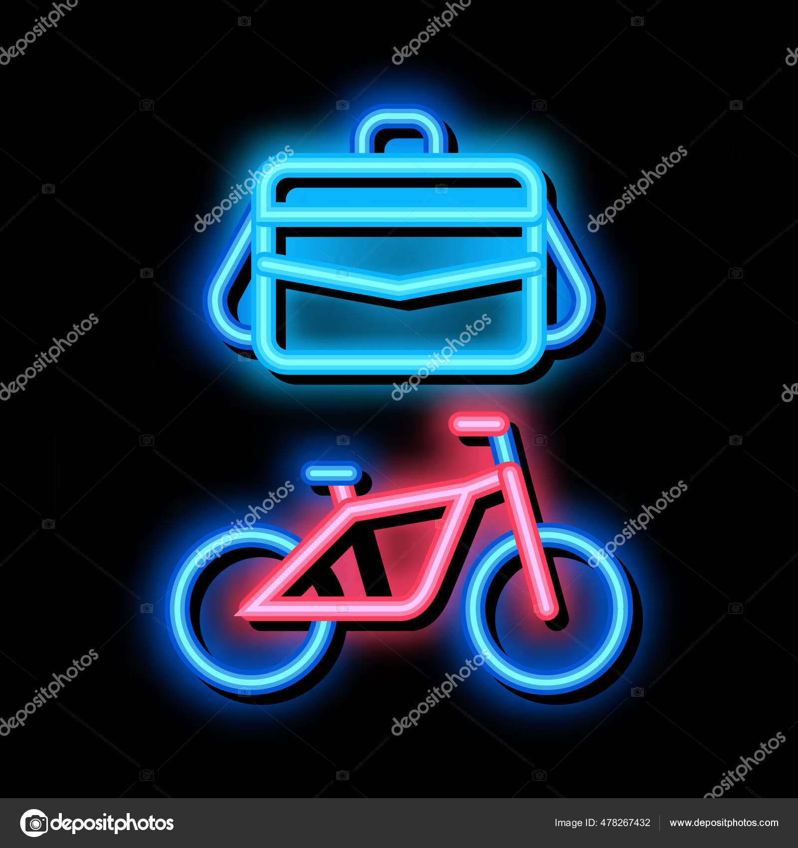 Office transportation bicycle and case neon glow icon illustration