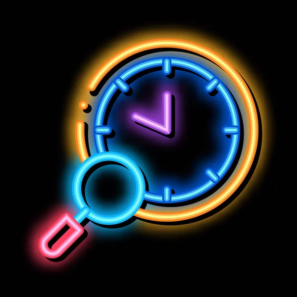 Reloj investigación neón brillo icono ilustración — Vector de stock