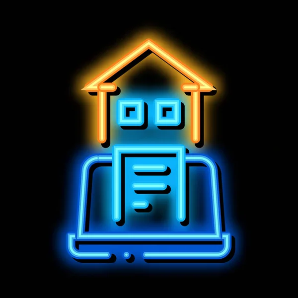 Verslag over laptop home neon gloed pictogram illustratie — Stockvector