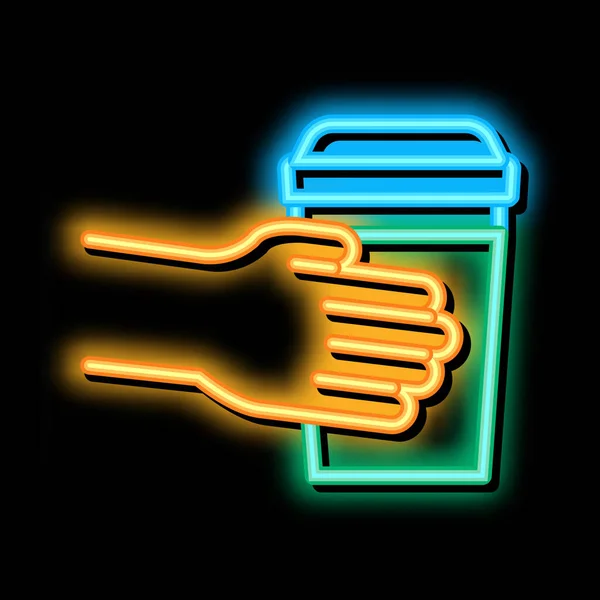 Hand holding drink cup neon glow icon illustration — Stockvektor