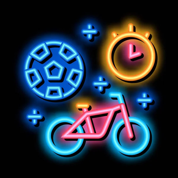 Piłka nożna i rower sport czas neon blask ikona ilustracja — Wektor stockowy