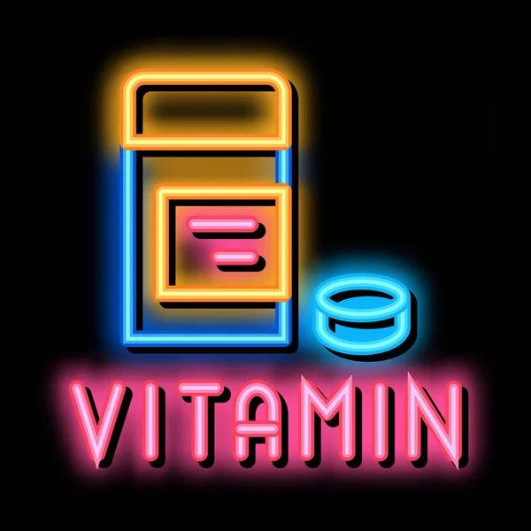 Vitamin pilulky balíček neon záře ikona ilustrace — Stockový vektor