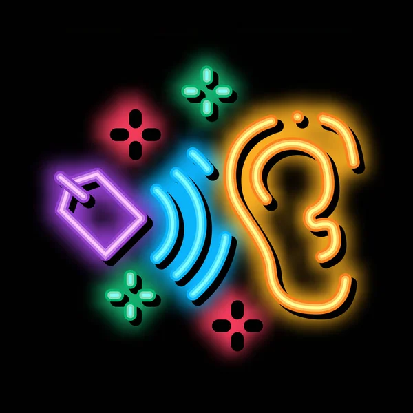 Precio de etiqueta en el oído humano neón brillo icono ilustración — Vector de stock