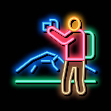 Fotoğrafçı yürüyüş neon ışıklı ikon illüstrasyonu