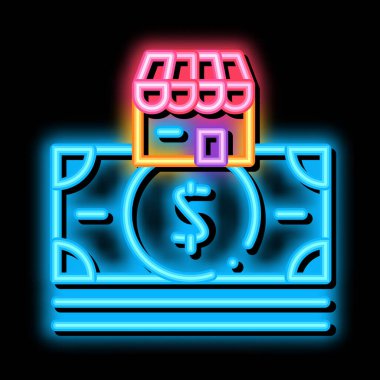 Mağaza binası ve dolar banknotu neon ışıklı ikon illüstrasyonu