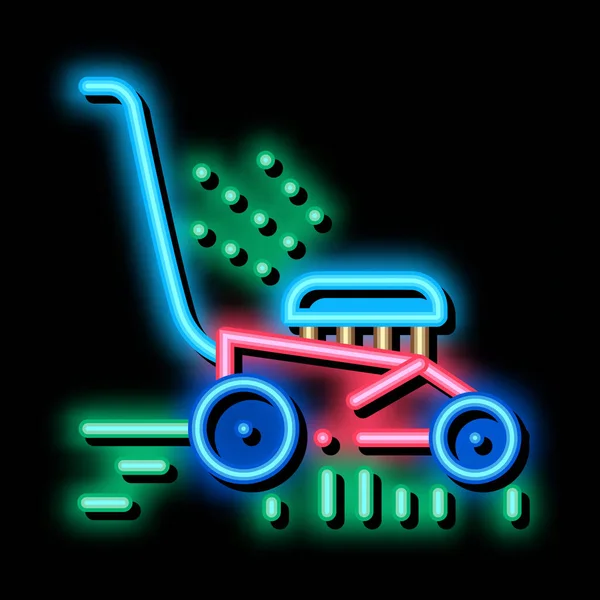 Máquina de cortador de grama ícone de brilho de néon ilustração —  Vetores de Stock