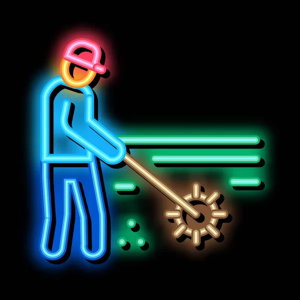 Pracownik ogrodu z narzędziem neon blask ikona ilustracja — Wektor stockowy