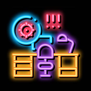 Çalışma odasındaki zararlı bakteriler neon ışıklı ikon resimlemesi