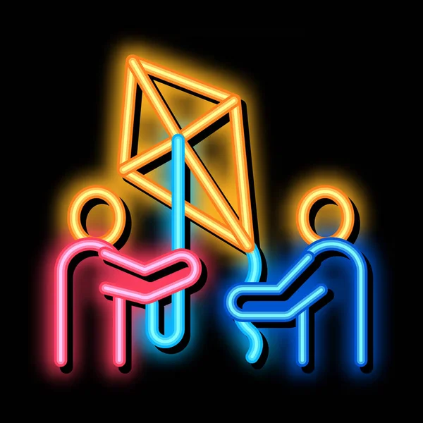 People and flying kite neon glow icon illustration — Stockvektor