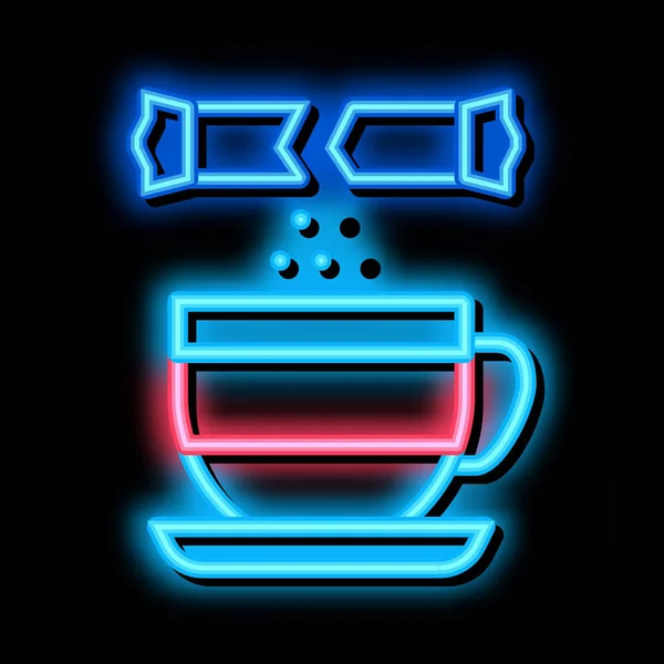 Saupoudrer de sucre dans une tasse de thé illustration icône néon — Image vectorielle