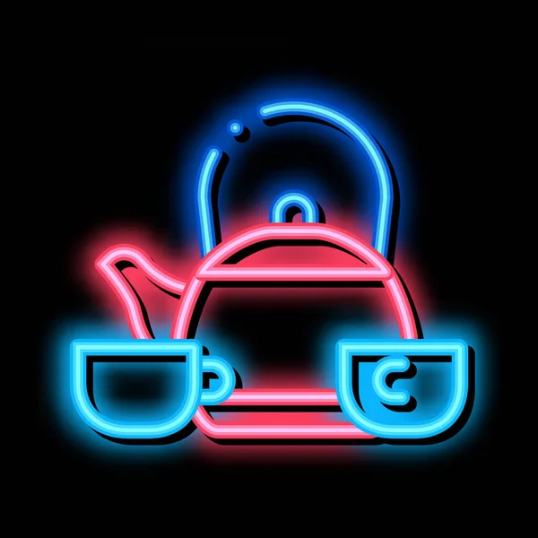 Vízforraló és két csésze neon világítás ikon illusztráció — Stock Vector