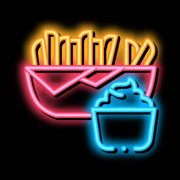 Pommes frites med majonnäs sås neon glöd ikon illustration — Stock vektor