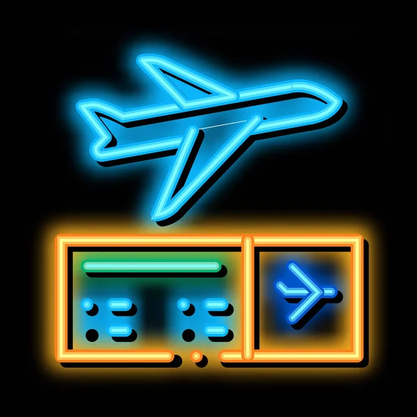 Billete de avión neón brillo icono ilustración — Vector de stock