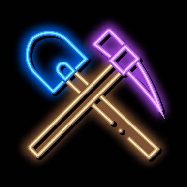 Kürek ve kazma neon ışıklı ikon çizimi