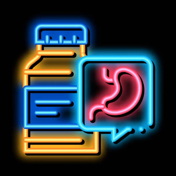 Gyógyszer injekciós üveg gyomor neon izzás ikon illusztráció — Stock Vector