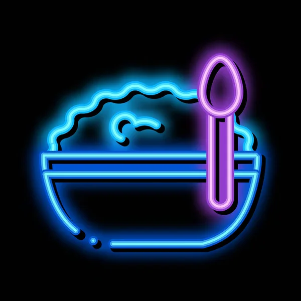 Tigela de queijo cottage e ícone de brilho de néon colher ilustração —  Vetores de Stock
