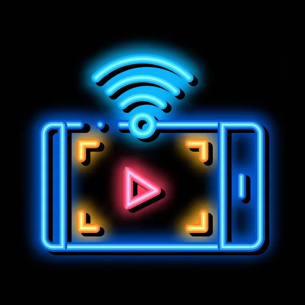 Watching video with wifi neon glow icon illustration — Stock Vector