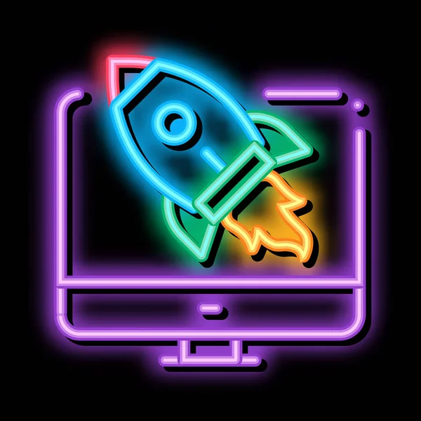 Foguete computador controle neon brilho ícone ilustração — Vetor de Stock