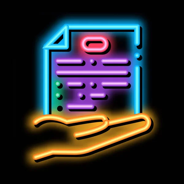 Dokumentum a kezében neon izzás ikon illusztráció — Stock Vector