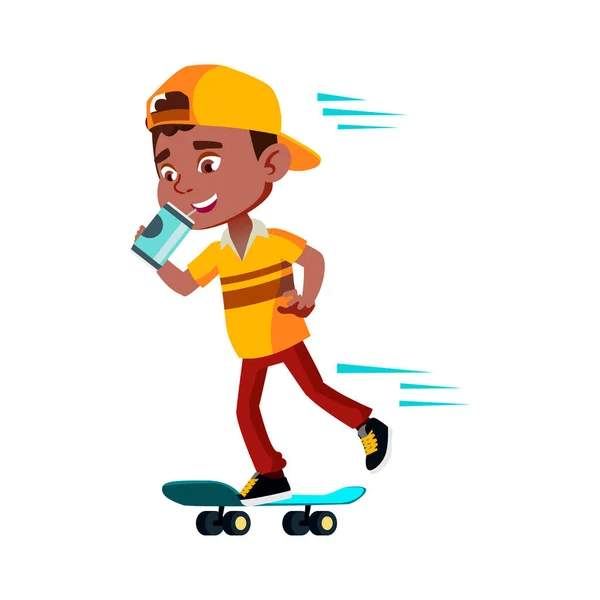 少年乗馬スケートボードとドリンクベクトル アフリカの十代の子供のスケートボードと金属ボトルからソーダ水を飲む キャラクターキッズリフレッシュフラット漫画イラスト — ストックベクタ