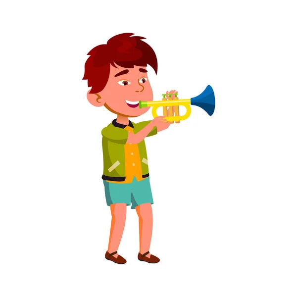 Boy Artist Playing Trumpet Orchestra Vector Asian Child Jogar Instrumento —  Vetores de Stock