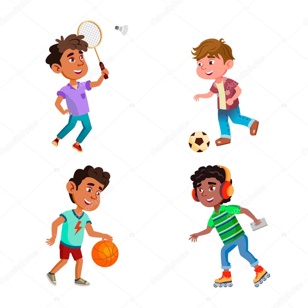 Kids Boys Play Sport Game On Playground Set Vector. Children Playing Football And Basketball With Game, Badminton And Rollerblading Sport Active Time. Characters Flat Cartoon Illustrations