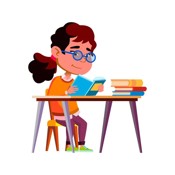 Niña Lectura Libros Educación Mesa Vectorial Asian Little Lady Kid — Vector de stock