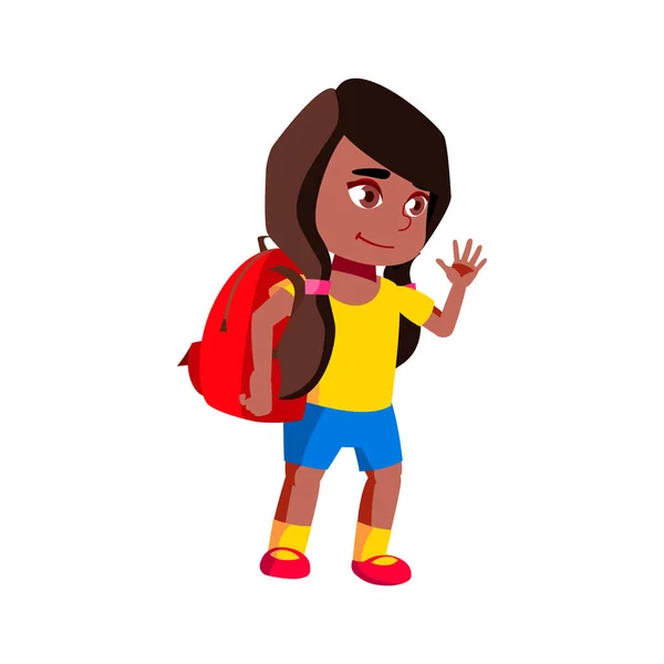 Chica Kid Escuela Con Schoolbag Vector Pequeña Colegiala Africana Saludando — Archivo Imágenes Vectoriales