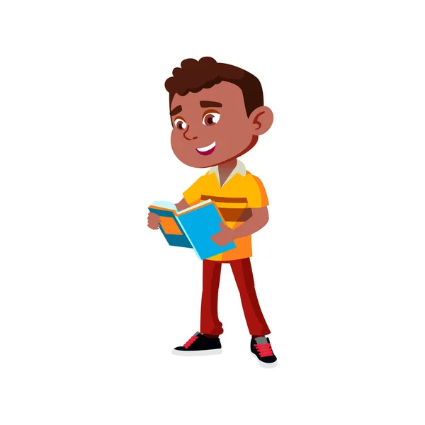 Alumno Niño Lectura Libro Corredor Escolar Vector Feliz Colegial Africano — Archivo Imágenes Vectoriales