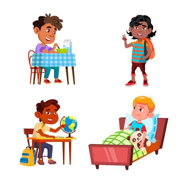 Boys Kids Doing Daily Routine Activity Set Vector Preteen Schoolboy — Archivo Imágenes Vectoriales