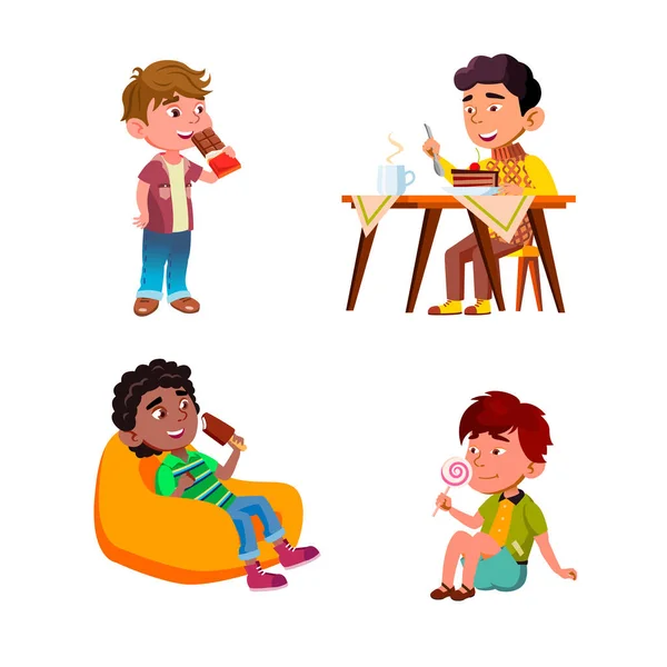 Meninos Crianças Comendo Deliciosos Doces Set Vector Crianças Comem Delicioso —  Vetores de Stock